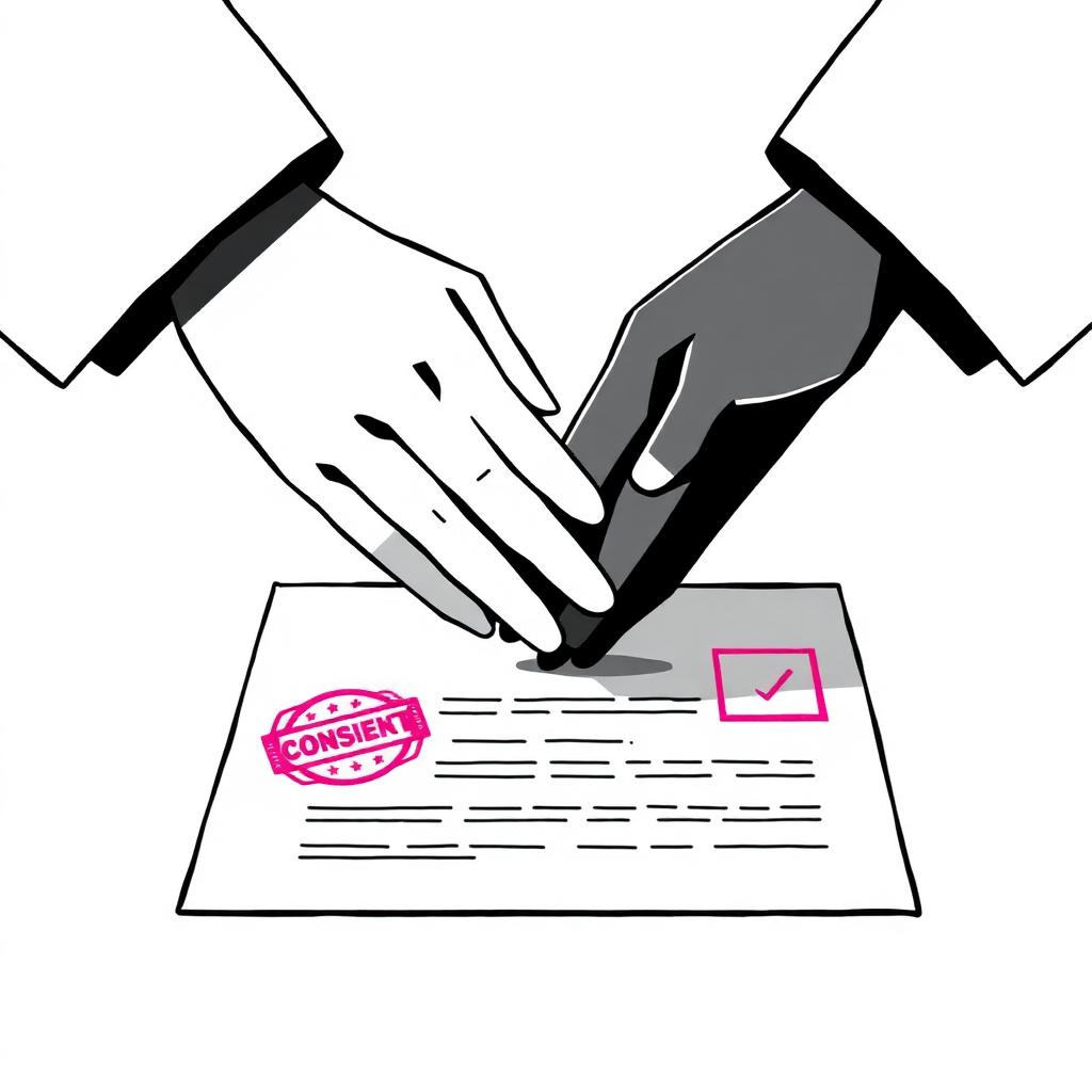 Deux mains signant ensemble un document de négociation avec un tampon consentement magenta