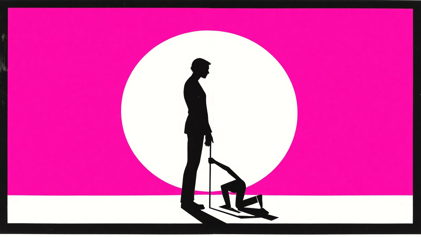 Illustration éditoriale néo-brutaliste de deux figures géométriques abstraites en dynamique Dominant / soumis·e