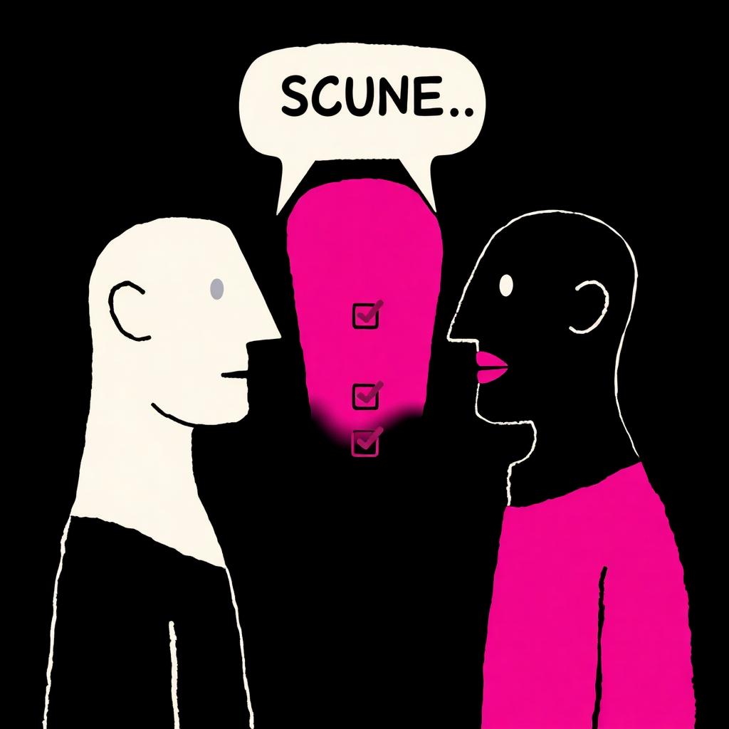 Deux silhouettes face à face en négociation avec bulle de dialogue et checklist